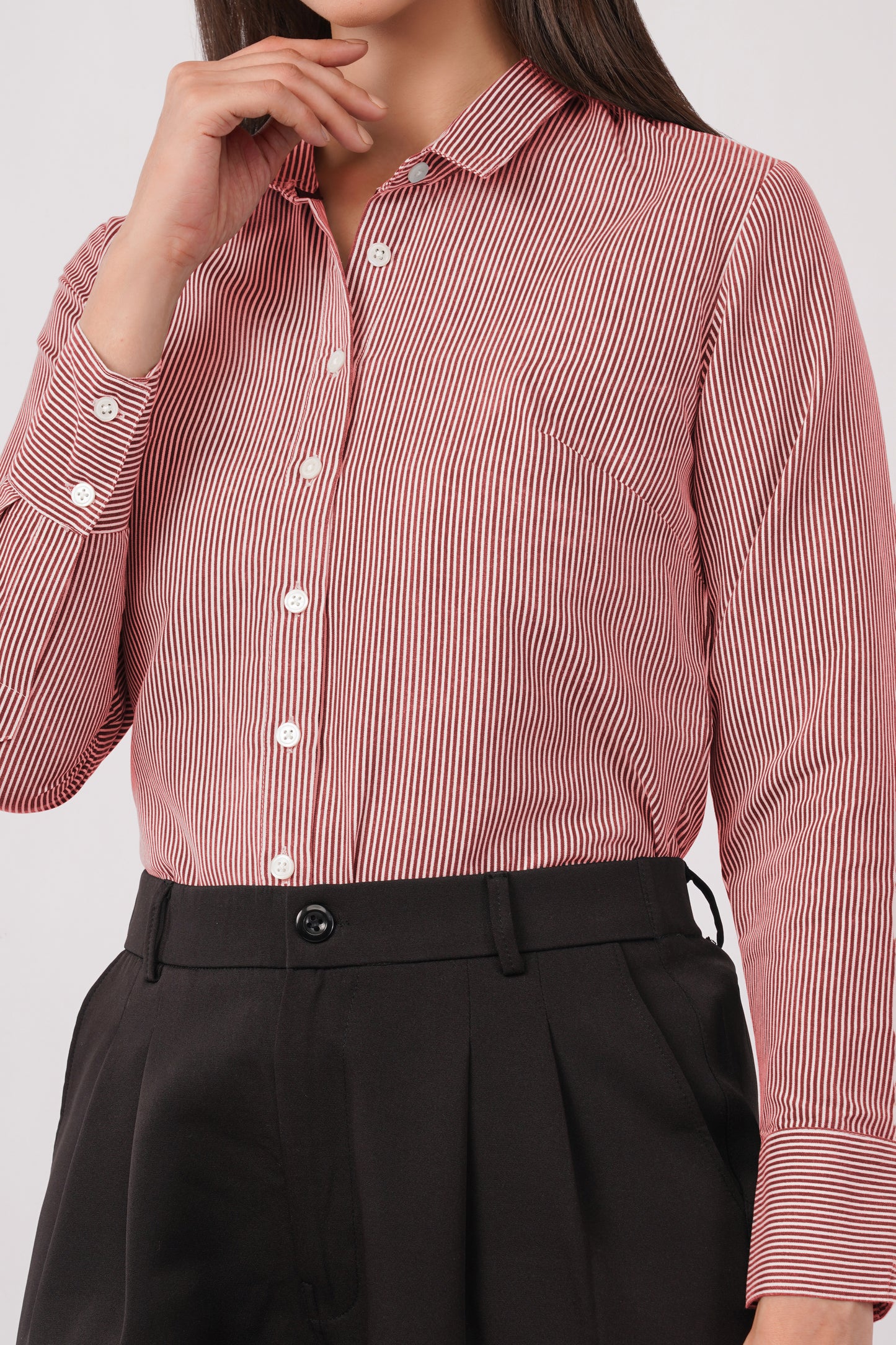 Maroon And White Pinstripes Shirt - With Sweatpad