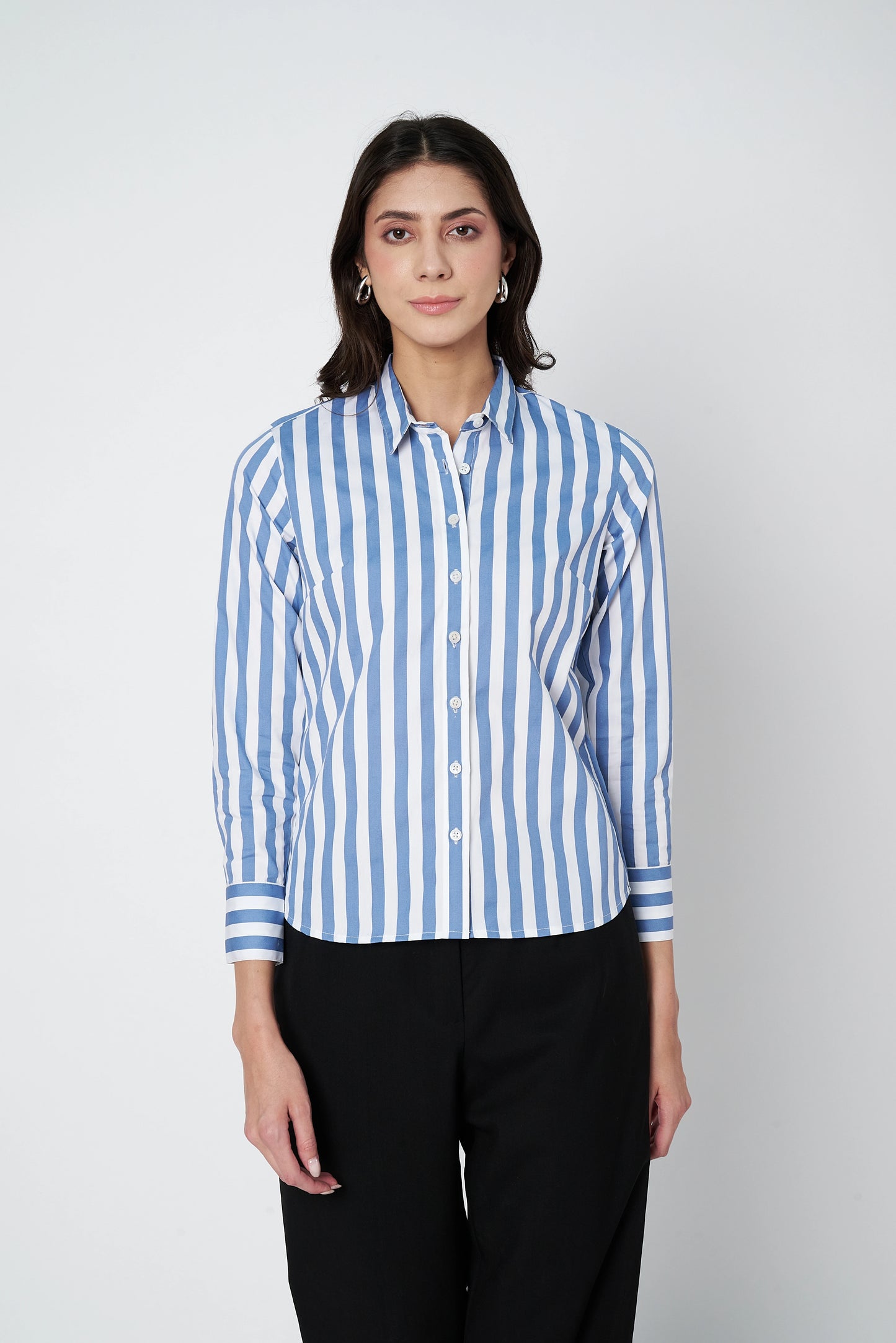 White And Blue Stripes Cotton Shirt