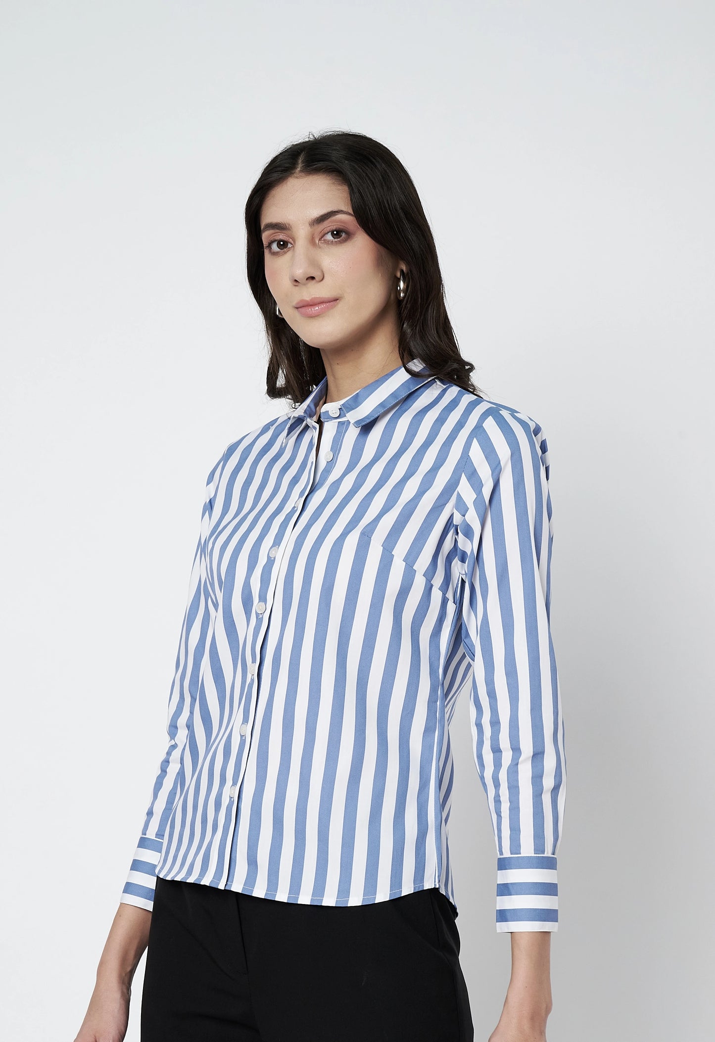 White And Blue Stripes Cotton Shirt