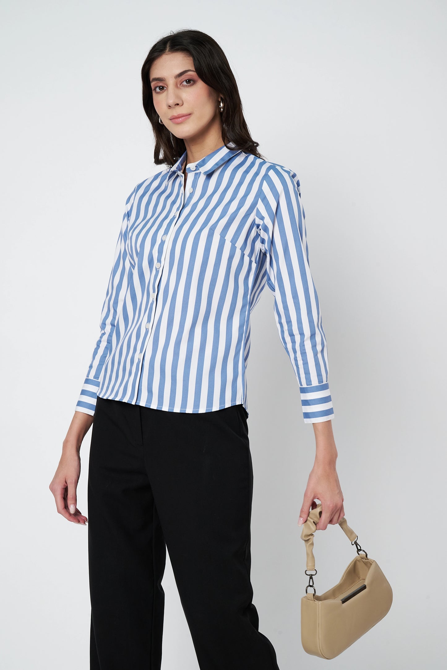 White And Blue Stripes Cotton Shirt
