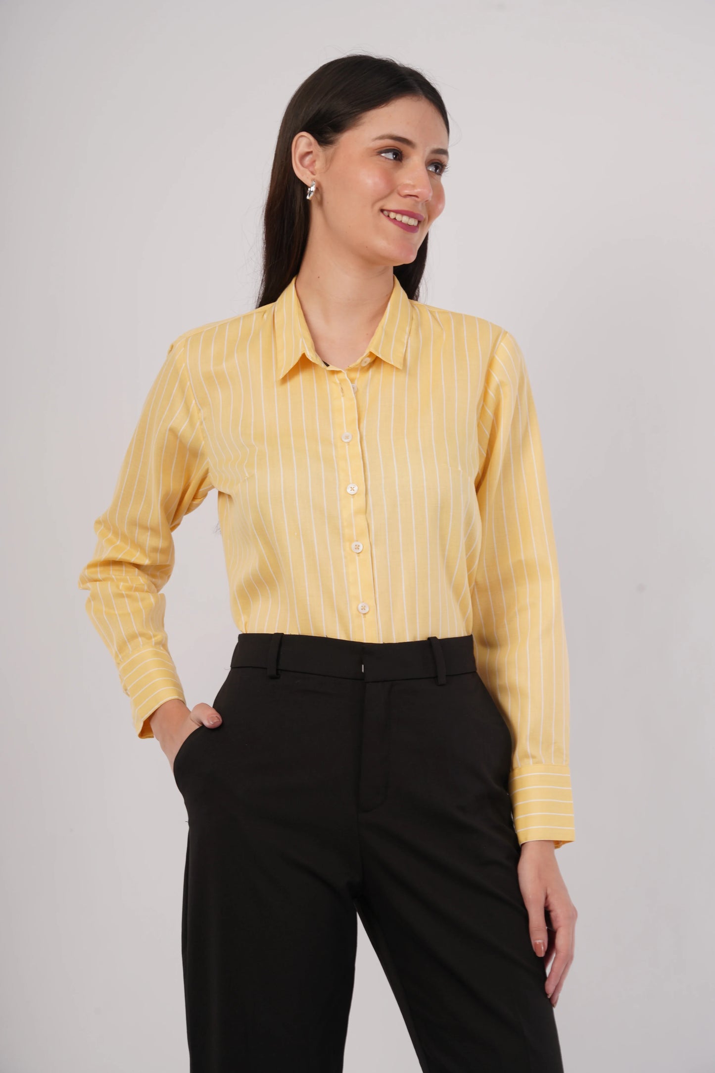 🎁 Cotton Linen Yellow with White Stripes Shirt