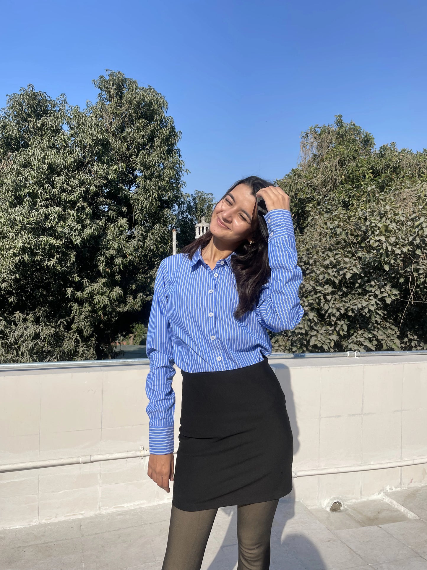 Sky Blue Striped Cotton Shirt- With Sweatpad