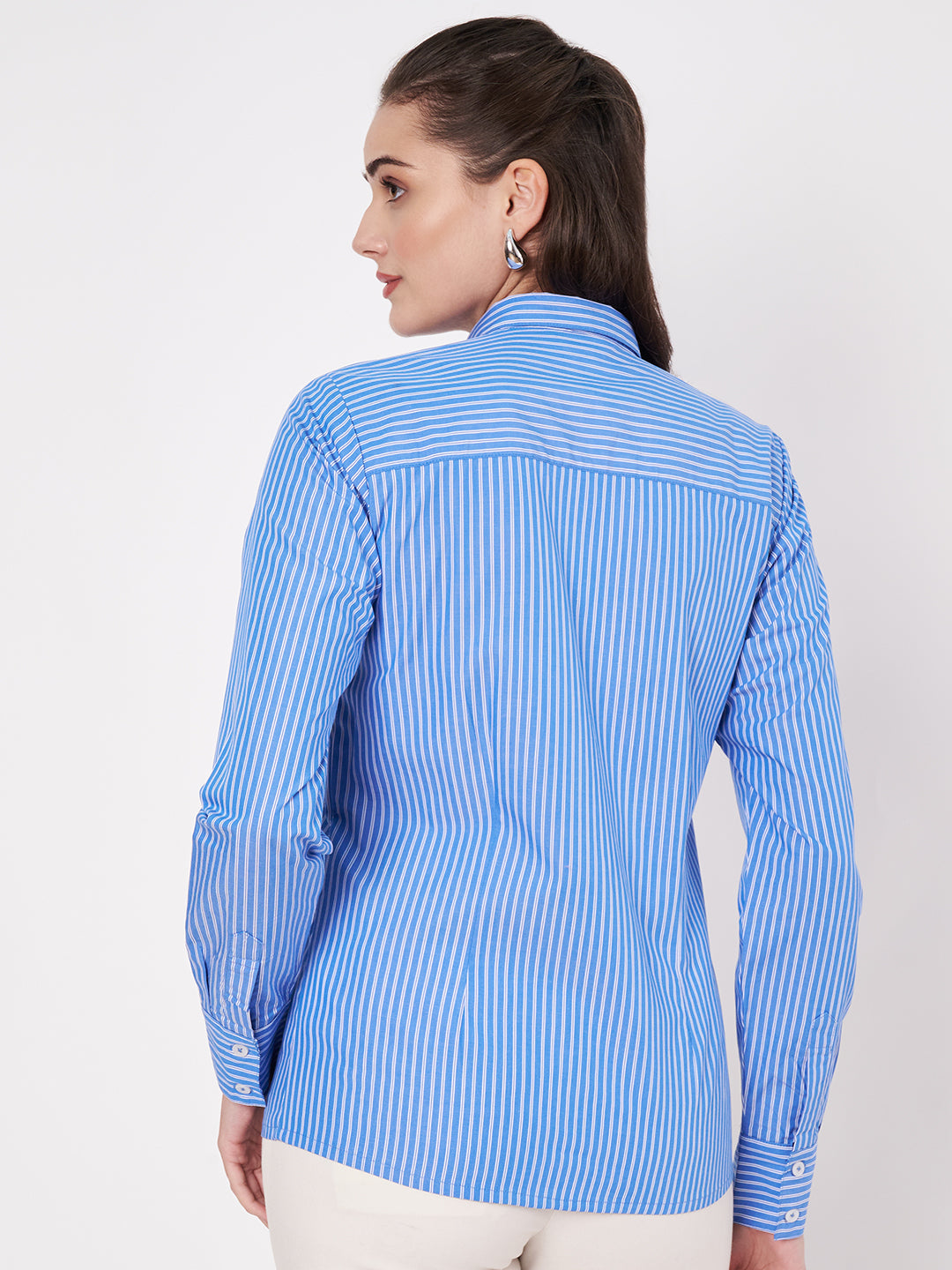 Sky Blue Striped Cotton Shirt- With Sweatpad