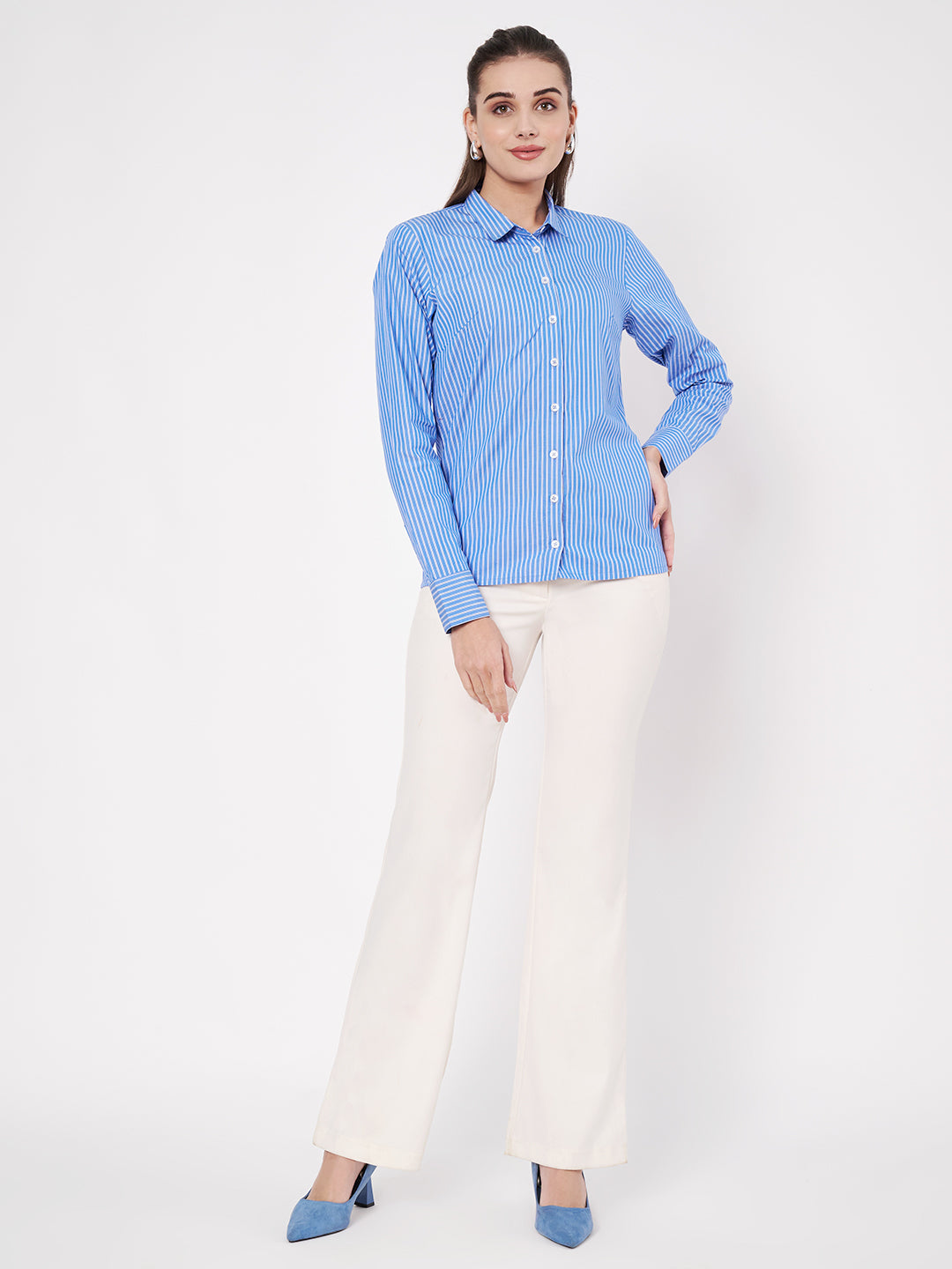 Sky Blue Striped Cotton Shirt- With Sweatpad