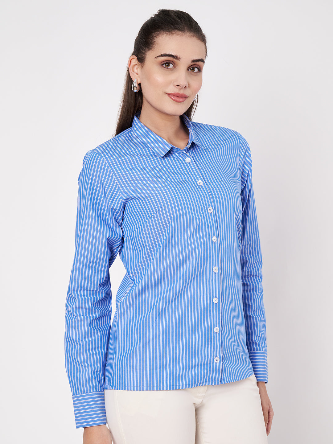 Sky Blue Striped Cotton Shirt- With Sweatpad