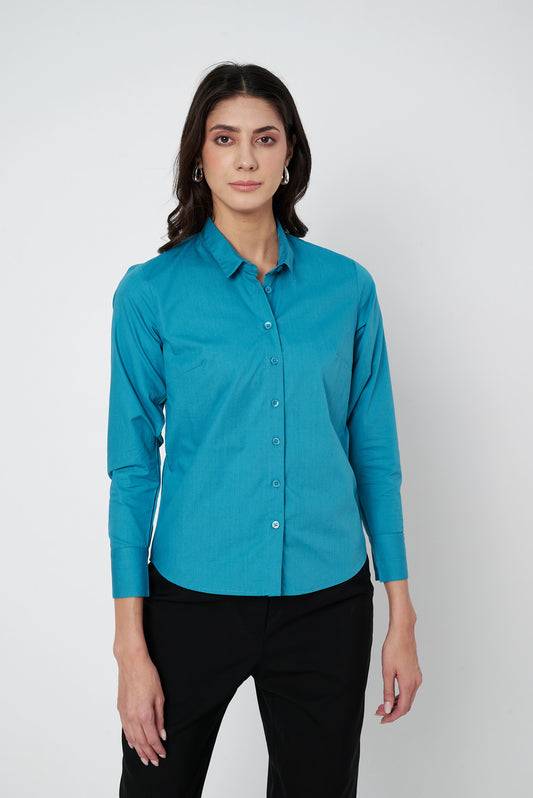 Teal Blue Cotton Poplin Shirt- With Sweatpad