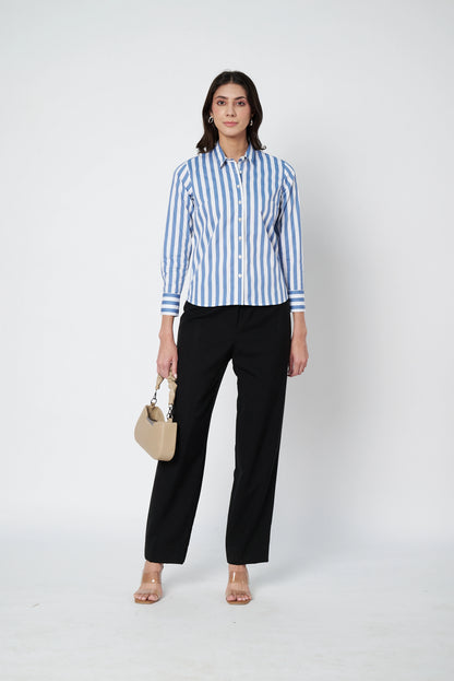 White And Blue Stripes Cotton Shirt