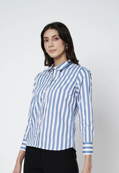 White And Blue Stripes Cotton Shirt