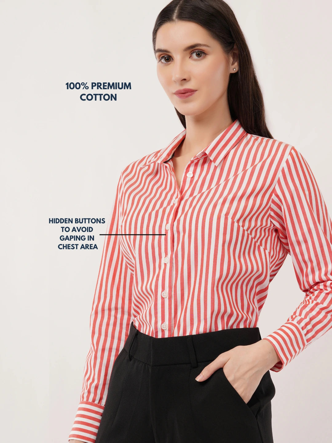 Coral with White Stripes Cotton Shirt