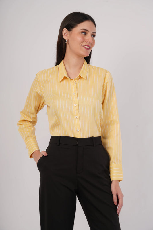 🎁 Cotton Linen Yellow with White Stripes Shirt