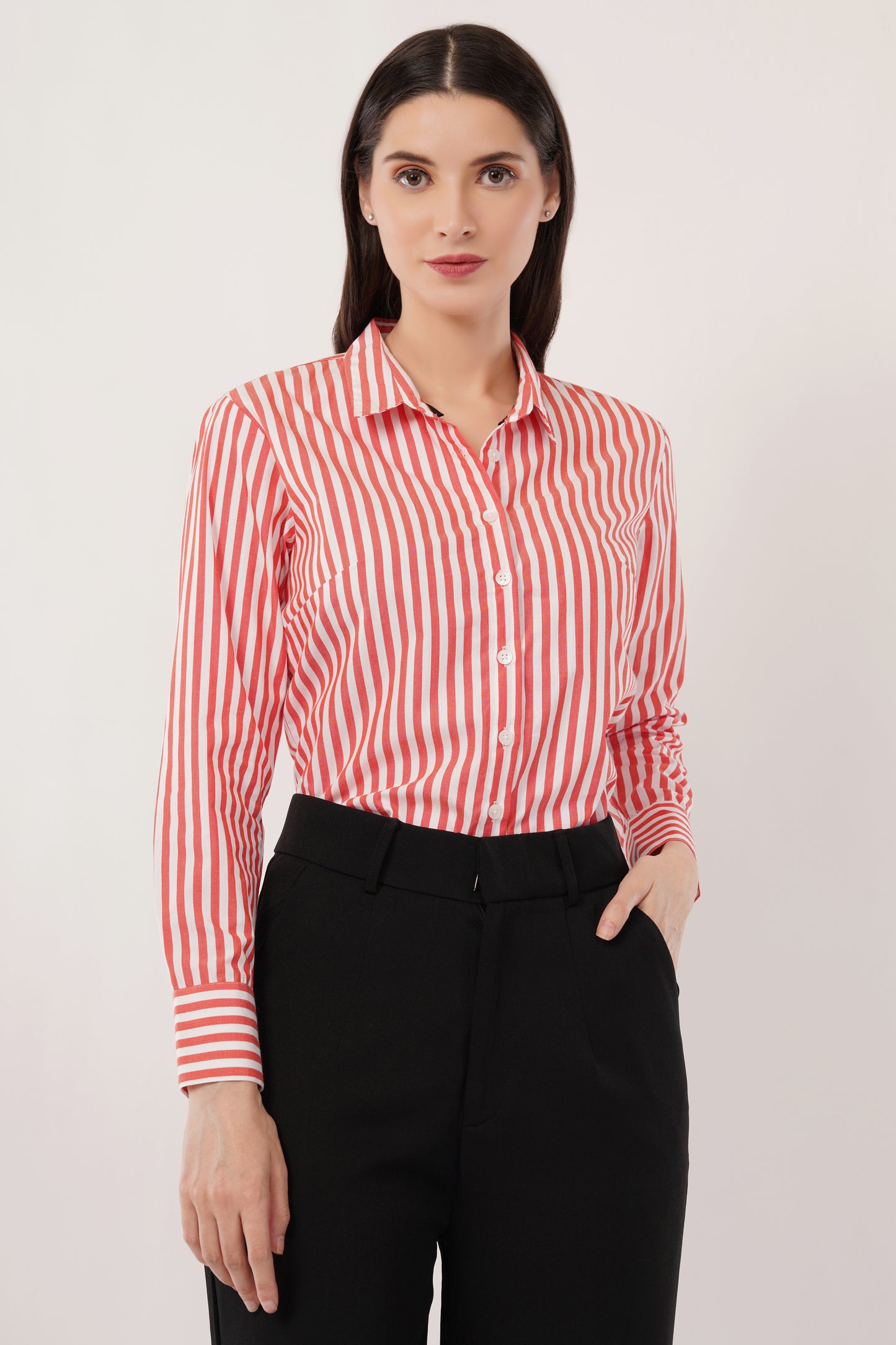 Coral with White Stripes Cotton Shirt