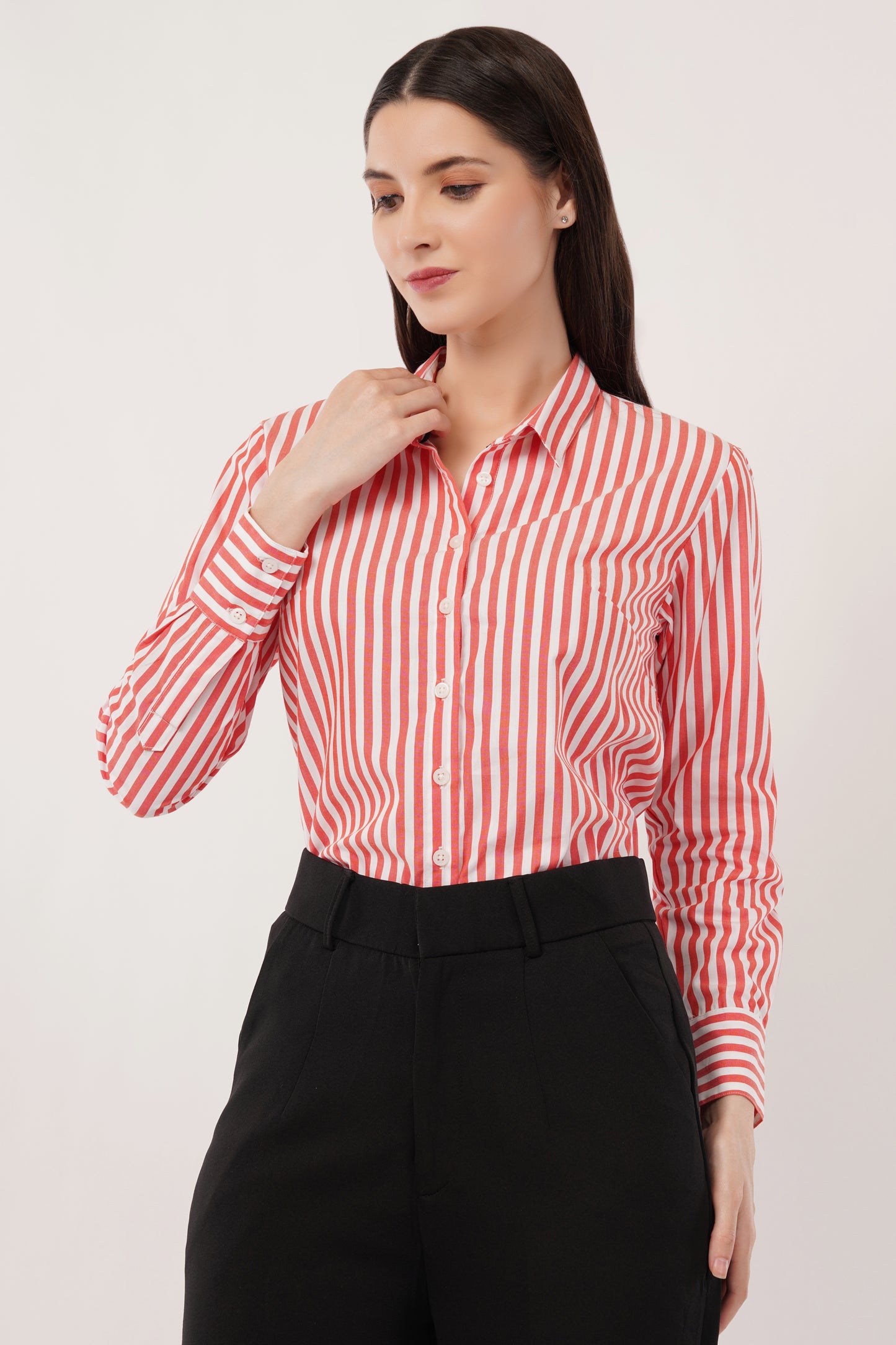 Coral with White Stripes Cotton Shirt
