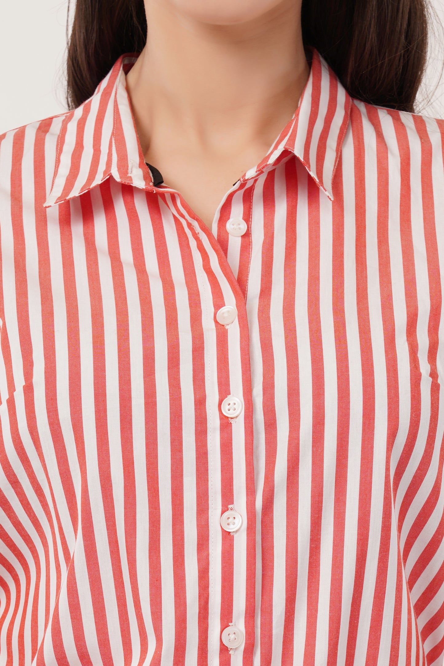 Coral with White Stripes Cotton Shirt