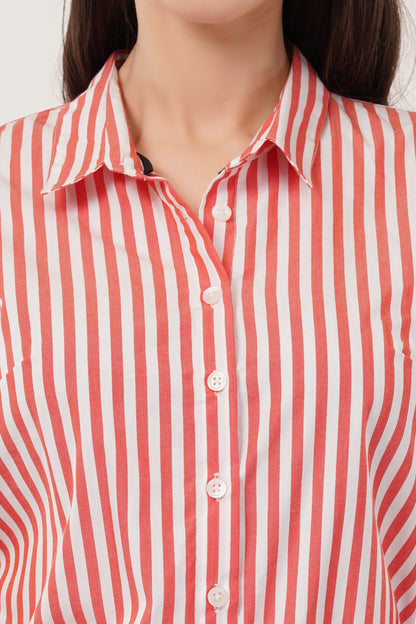 Coral with White Stripes Cotton Shirt