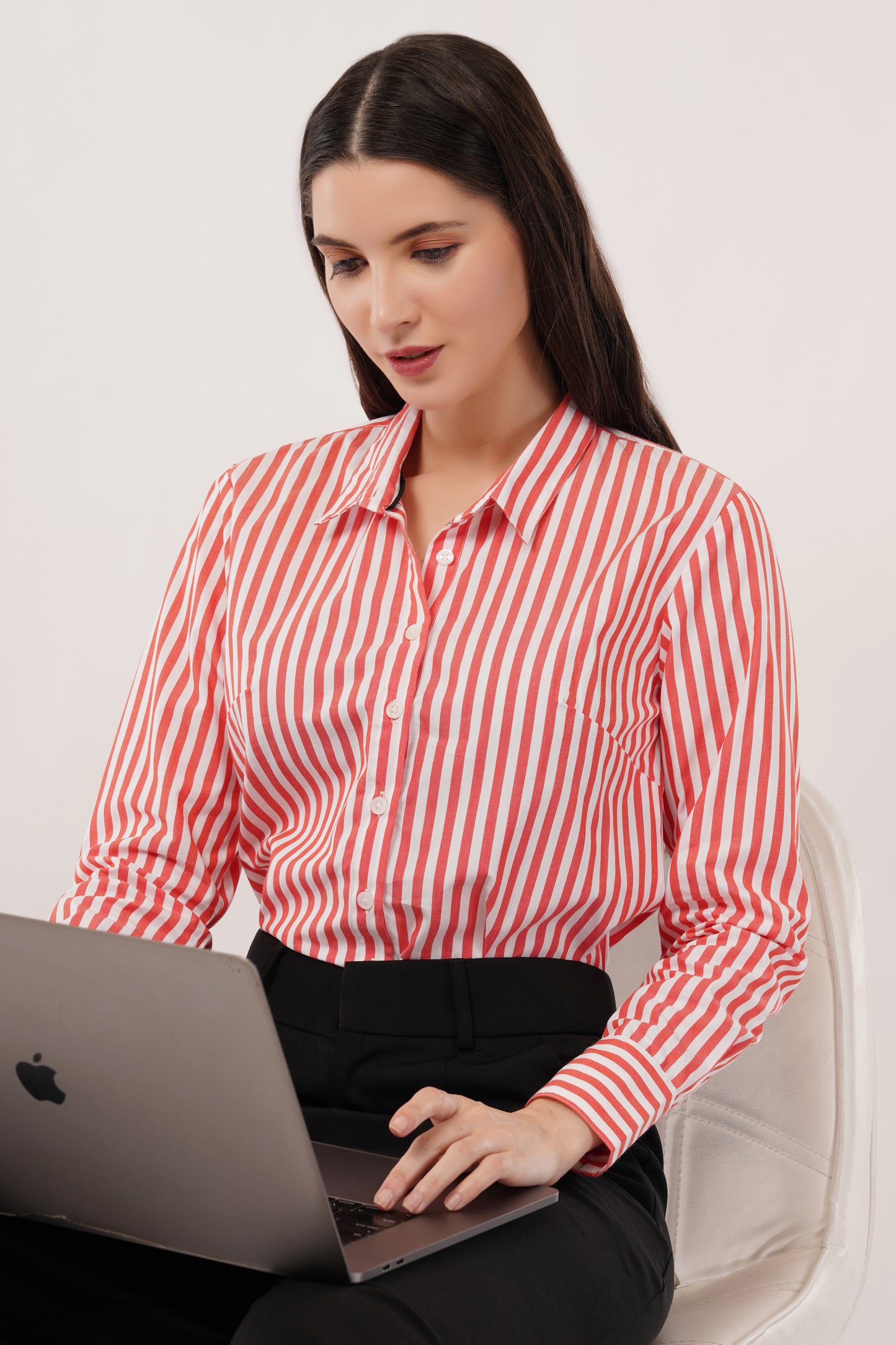 Coral with White Stripes Cotton Shirt