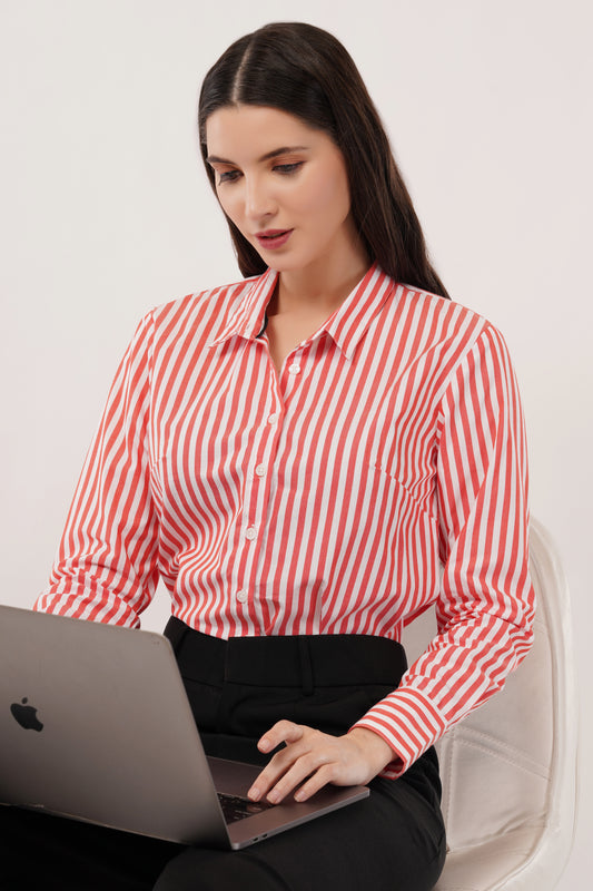 Coral with White Stripes Cotton Shirt