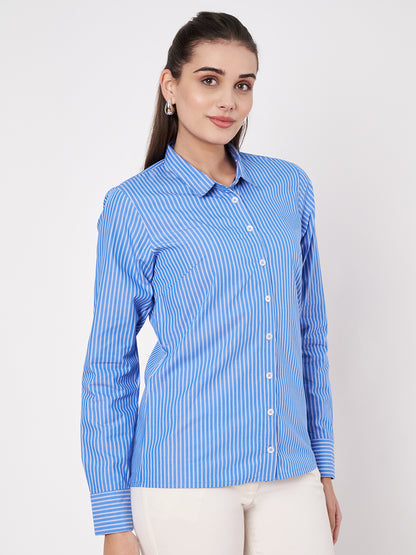 Sky Blue Striped Cotton Shirt- With Sweatpad