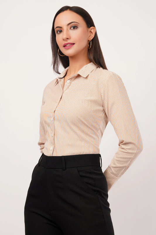 Mustard And White Striped Cotton Shirt